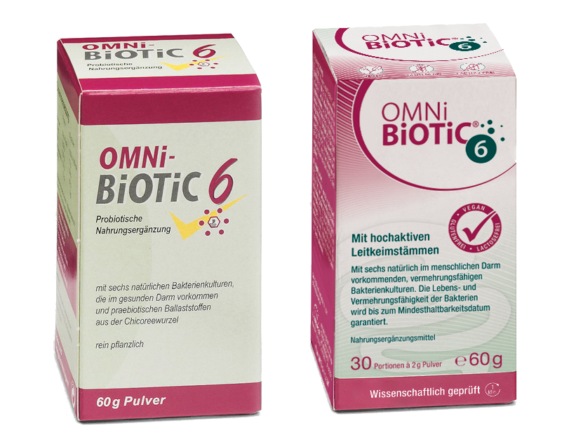 Dos cajas de OMNi-BiOTiC® 6 en formato antiguo y nuevo